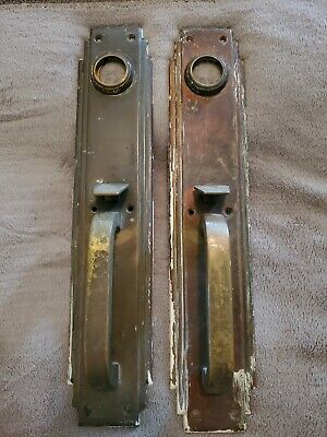 Antique Pair of Beveled Brass Door Handle Plates Thumb Latch & Lock Escutcheons