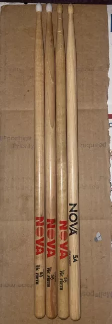 2 Pair 5A Vic Firth Nova Drum Sticks Hickory Wood Nylon Tips Excellent Condition