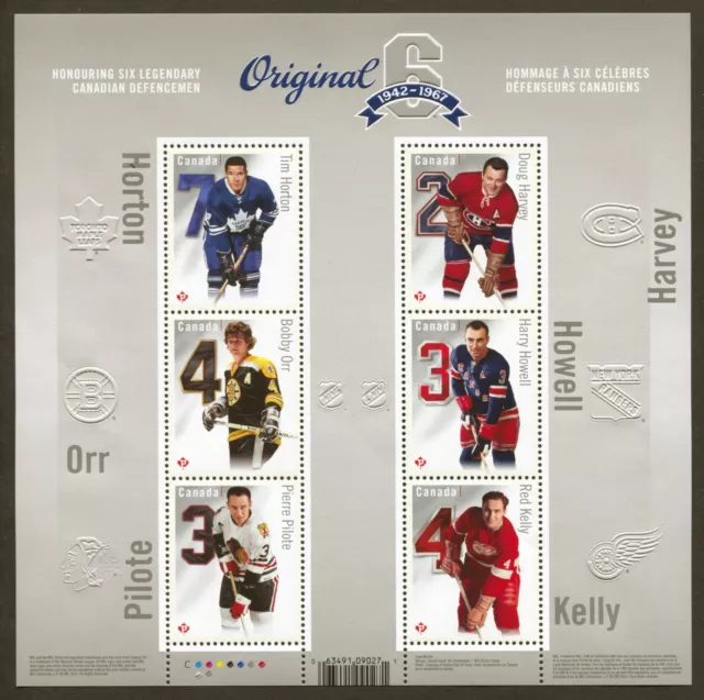 Canada Sc# 2786, NHL H.O.F. Defensemen, Hockey Sheet of 6, VF/XF MNH, No Faults