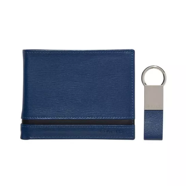 Calvin Klein Ck Men's Leather Bifold Id Wallet Key Chain Set Blue 79485