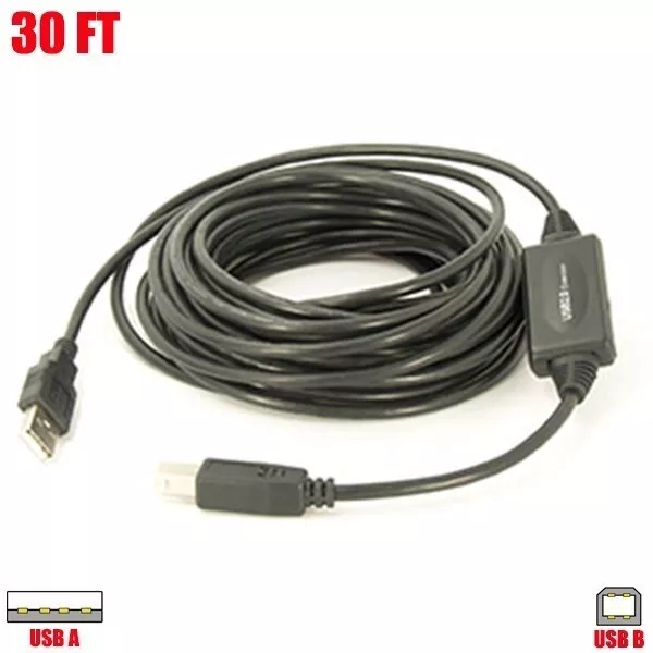 30FT Active USB A Male to B Male Printer Scanner Cable Adapter Extension Cord