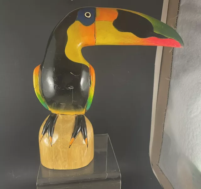 Vintage Carved Hand painted Folk Art Wooden Parrot Figure HTF Multi color Bird
