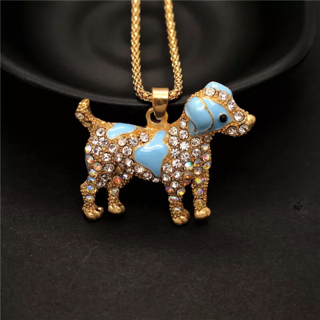Fashion Women  Lovely Blue Enamel Crystal Dog Rhinestone Pendant Chain Necklace