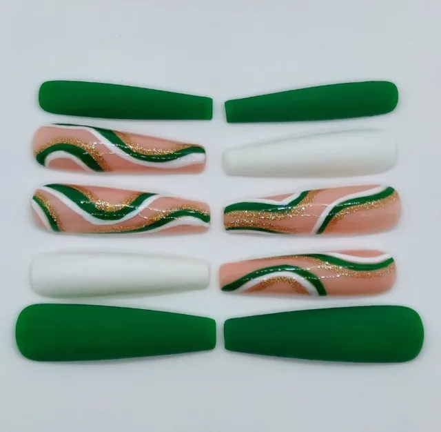 Green White and Gold Swirl Press on Nails