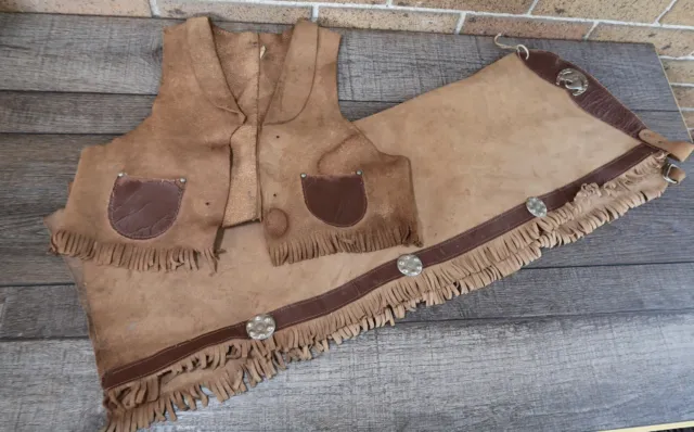 Vintage 1950's Child's Cowboy Western Wear Leather Suede Vest and Chaps Size 10