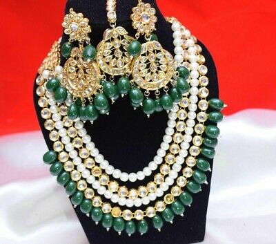 Indian Traditional Gold Tone Kundan Layered Pearl Long Necklace Wedding Jewelry