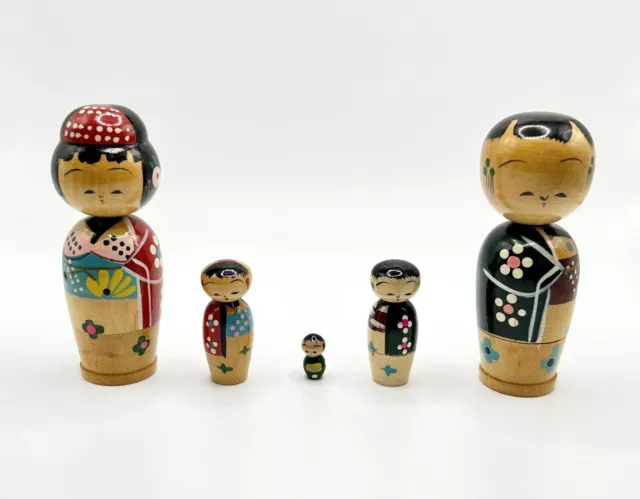 Japanese Folk Craft Wooden Kokeshi Doll Family 5 Pcs Vintage Japan Nesting