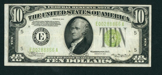 $10 1934 LGS LIME ((LIGHT GREEN SEAL)) Federal Reserve Note ** DAILY CURRENCY 2