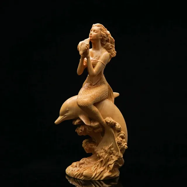 Sirène Dauphin en BOIS MASSIF Soufflant Conque Statue Sensuelle Bois Belle Mer