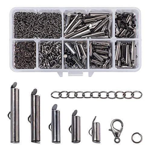 150Pcs 5 Sizes Slide On End Clasp Tubes Gunmetal with Lobster Claw Clasps Ext...