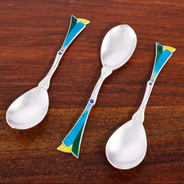 3 Korean Art Deco 800 Silver & Enamel Egg Spoons Multi Colored Fans No Monogram