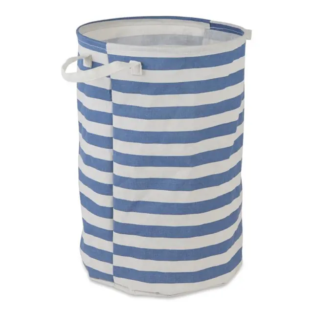 PE-Coated Cotton Polyester Laundry Hamper Stripe French Blue Round 13.5x13.5x20