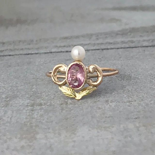 Antique Victorian 10k Pearl and Pink Tourmaline Rose Gold Ring, Size 7