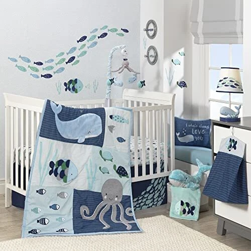 Oceania 6-Piece Baby Crib Bedding Set - Blue Ocean, Nautical, Aquatic, Whale,