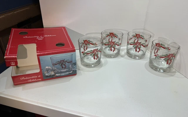 4 pc Vintage Anchor Hocking Poinsettia & Ribbons Christmas 9 Oz. Rocks Glasses