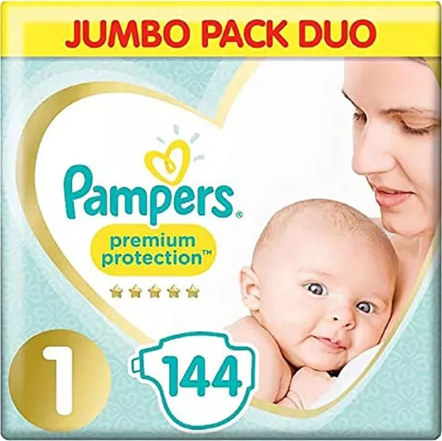 Pampers Premium Protection Size 1, 72x2 Nappies, 2-5kg, Jumbo Pack, Total 144