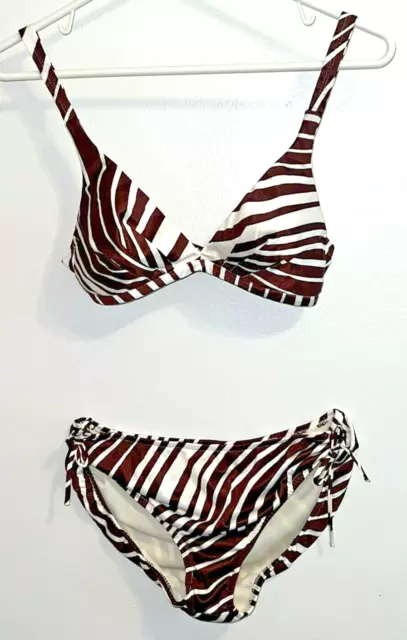 Vintage 70s 80s Bikini Swimsuit - Brown & White Zebra Print- 2 piece- Adjustable