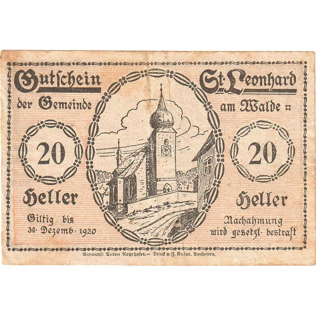 [#287955] Austria, St Leonhard, 20 Heller, Eglise 1920-12-30, EF, Mehl:FS 902, a