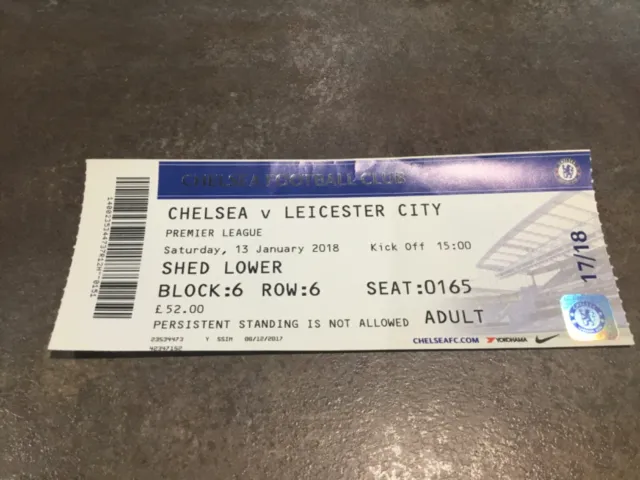 Chelsea v Leicester City 13 January 2018 Match Ticket