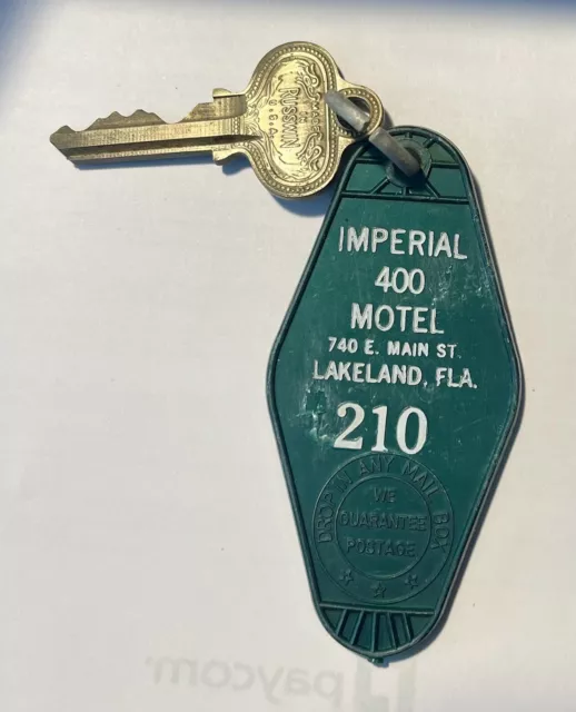 Vtg MCM Imperial 400 Motel Hotel Room Key & Fob #210 Lakeland Florida Green