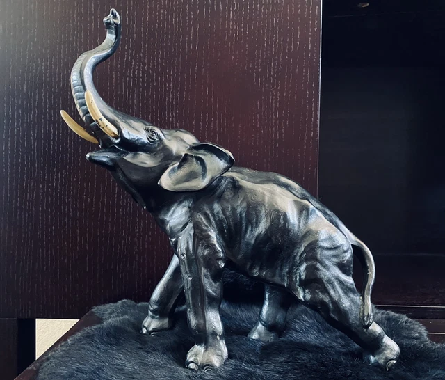 Vintage Antique Cast Metal Painted Elephant Figurine Size About14"L x 6"W x 14"H