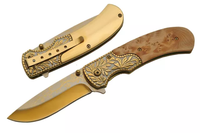 Burlwood Gold Assisted Opening Folding Pocket Knife with Belt Clip