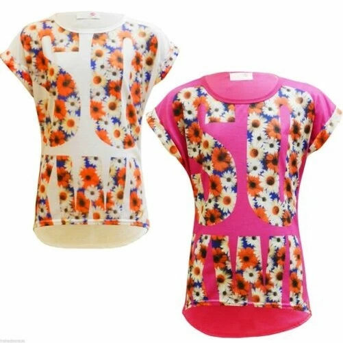 New Ragazze " So Kwl " Stampa Floreale Elegante Moda Funky T Shirt Top 7-13 Anni