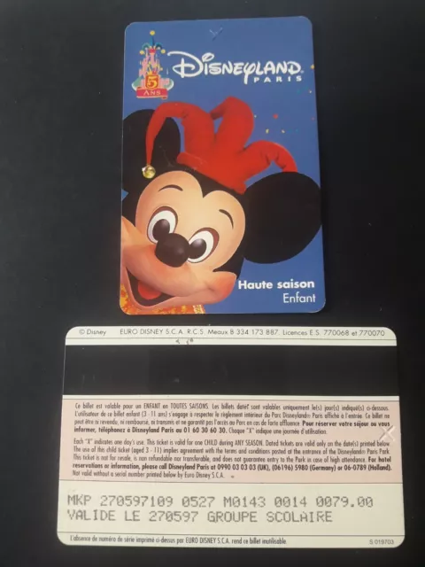 pass Euro Disney Disneyland 5 ans fête des fous MICKEY enfant verso s019703 TTB