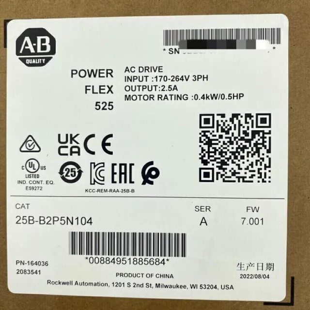 25B-A2P5N104 Ab Pf 525, 240V, 1Ph, 0.5Hp, Ip20 88495188556 Genuine