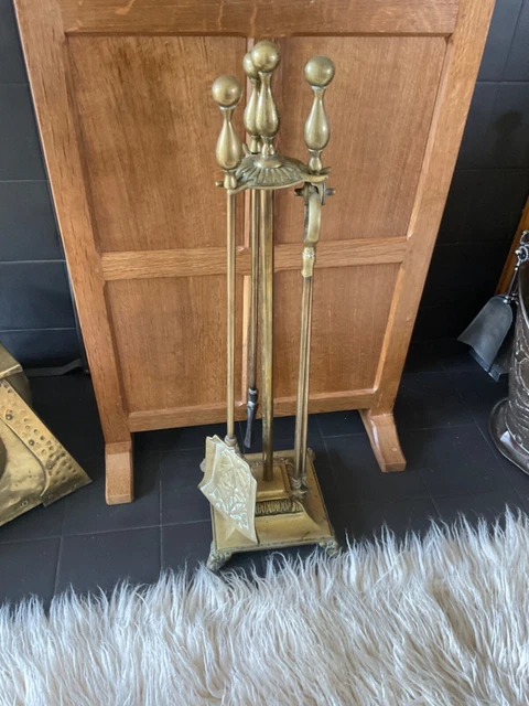 Antico Vintage Ottone Cuore Fuoco Set Strumenti Lato Compagno Grandi Dimensioni Pinze Poker