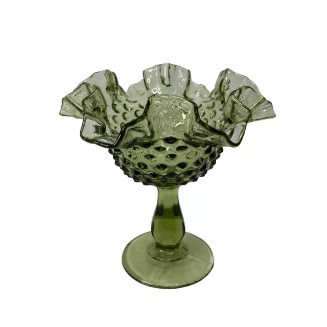 Vintage Fenton Hobnail Ruffled Crimped Open Compote Avocado Green Glass 6 1/4"