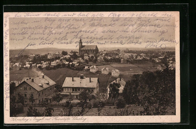 AK Schneeberg i. Erzgeb., Gesamtansicht mit Heimatstätte Gleesberg 1927
