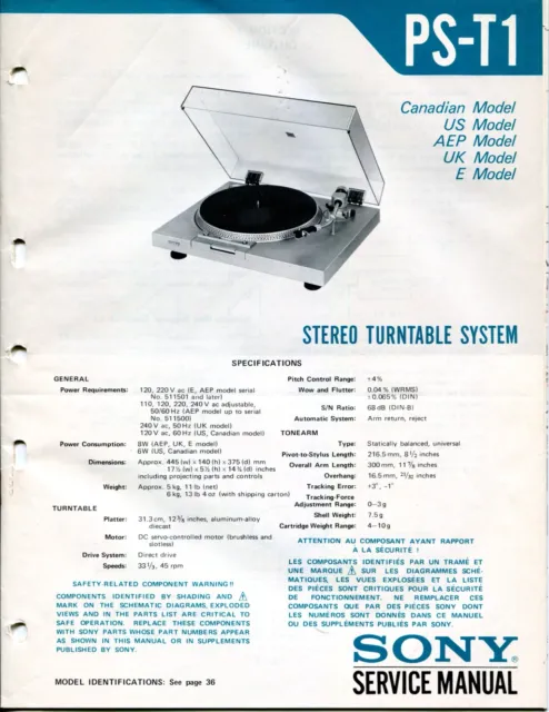 Sony Model PS-T1 Stereo Turntable System Service Manual