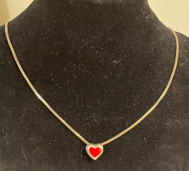 29" Sterling Silver Chain With 3/8" Sterling Heart W/ Red Enamel