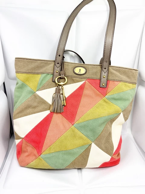 Fossil Jules Patchwork Key Tote Colorful Canvas Shopper Shoulder Bag Hand Purse