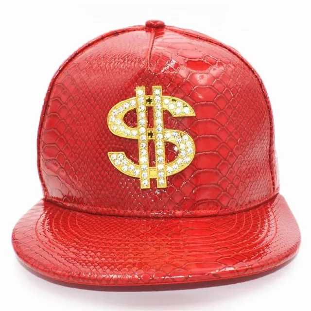 Casquette Rouge Bling Bling Dollar Ajustable Faux Cuir Style Hip Hop Reptile Rap