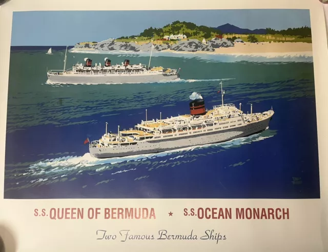 VTG ADOLPH TREIDLER 1980's ￼Travel Poster SS Queen Bermuda Ocean Monarch 19x25”