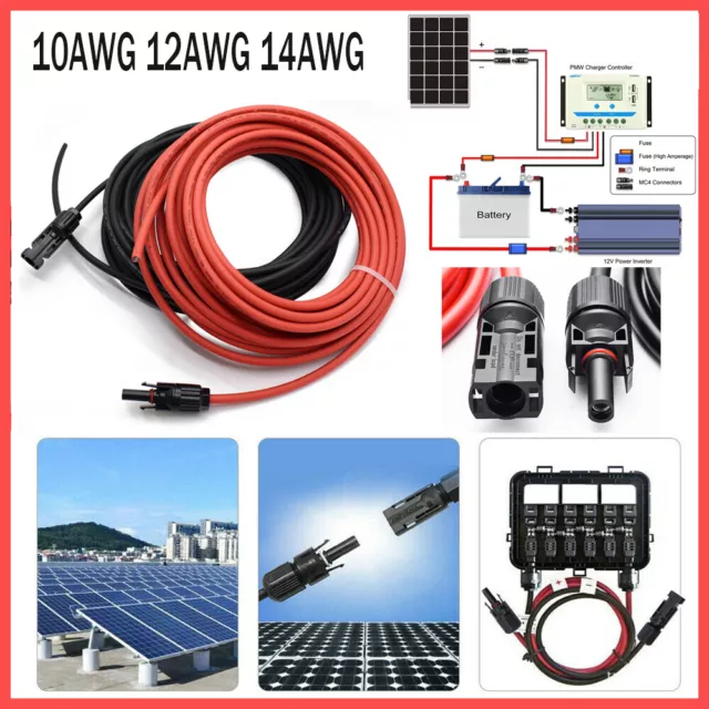 1 Pair Black + Red Solar Panel Extension Cable Wire with Connector 10/12AWG US