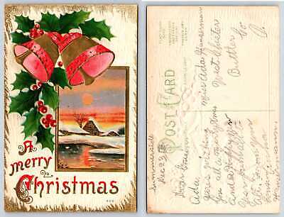 Merry Christmas Bells Holly winter Scene Postcard 234