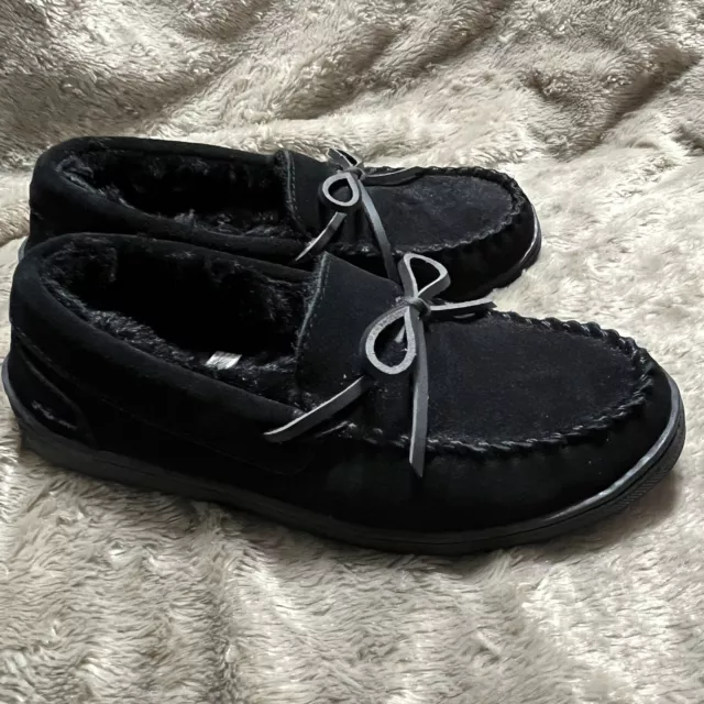 My Slippers Black Suede Leather Faux Fur Lined Moccasin Shoes Womens Size 8 EUC