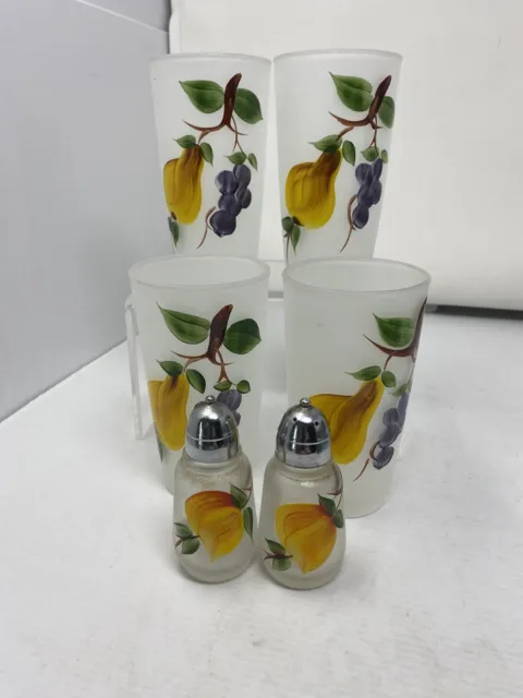 Gay Fad Studios: Handpainted Fruit Frosted Tumblers Glasses And Salt & Pepper