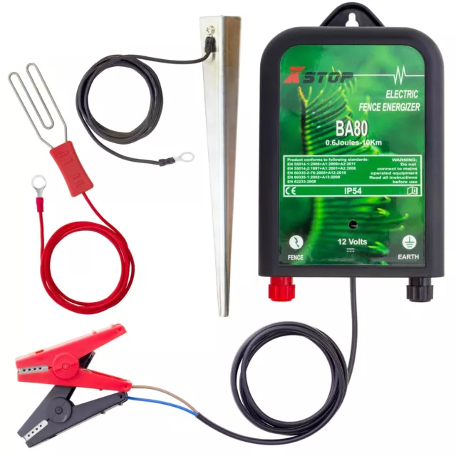 12v Battery Powered Electric Fence Energiser Earth Stake &Leads 0.6J 10Km Horses