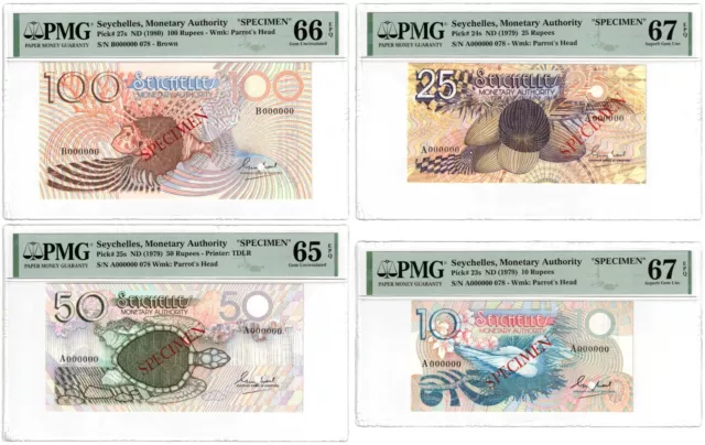 Seychelles 1979 Specimen Set 100, 50, 25, 10 Rupees. Pmg-66, 65, 67, 67 Epq.