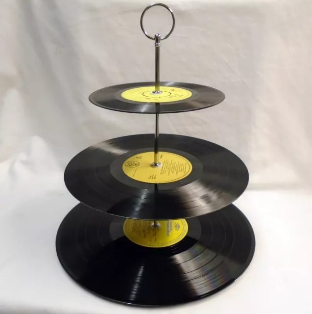 Cup Cake stand - vinyl records  3 tier YELLOW centres Party Birthday Wedding