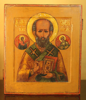 Antiguo ANTIGUO Siglo XIX Ruso Pintado a Mano Icono Ortodoxo de San Nicolás