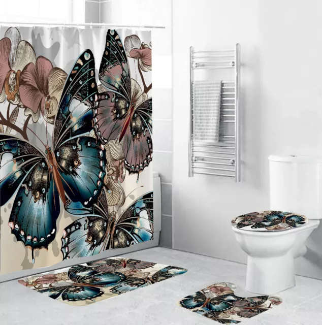 Butterfly Shower Curtain Bathroom Rug Set Bath Mat Non-Slip Toilet Lid Cover