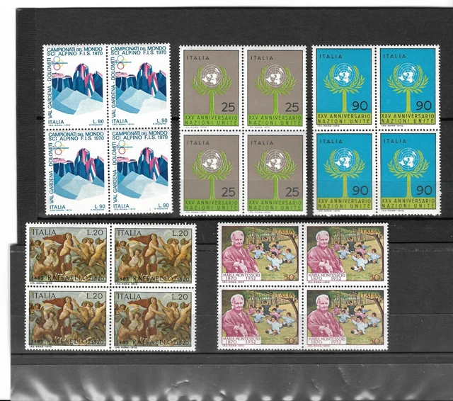 Italie - 1970 - Lot de 5 timbres neufs ** en blocs de 4 (MNH)
