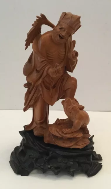 Asian Hand-Carved Wooden Man Playing With Dog, 9-inch vintage statue