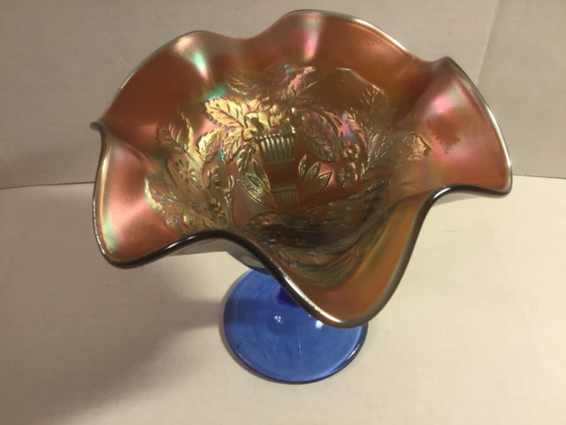 Vintage Fenton Carnival Glass Peacock And Urn Blue Compote Dish