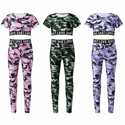 Mädchen Sport BH Crop Tops mit Leggings Camouflage Trainingsanzug Sportanzug